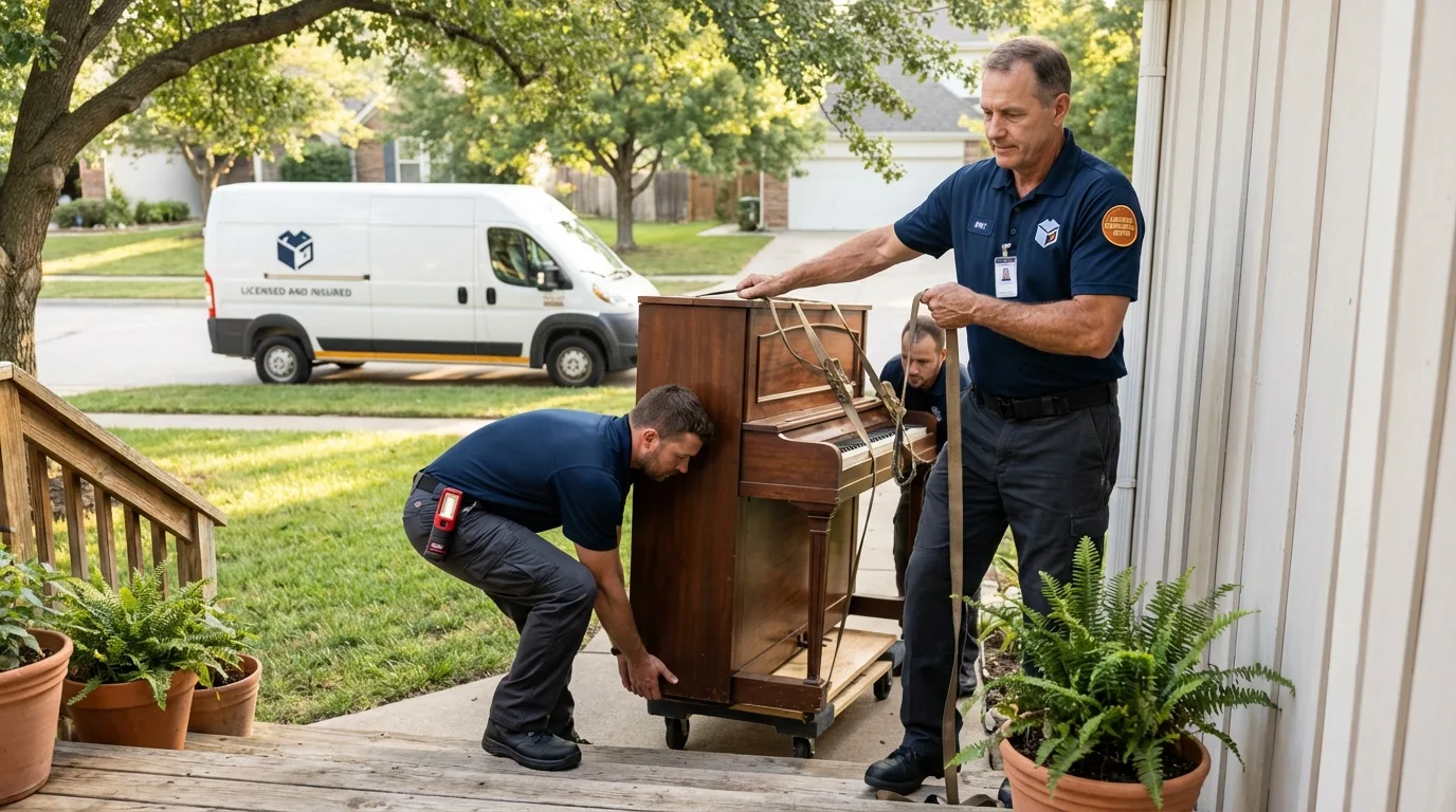 Licensed piano movers securing grand piano in College Point, NY
