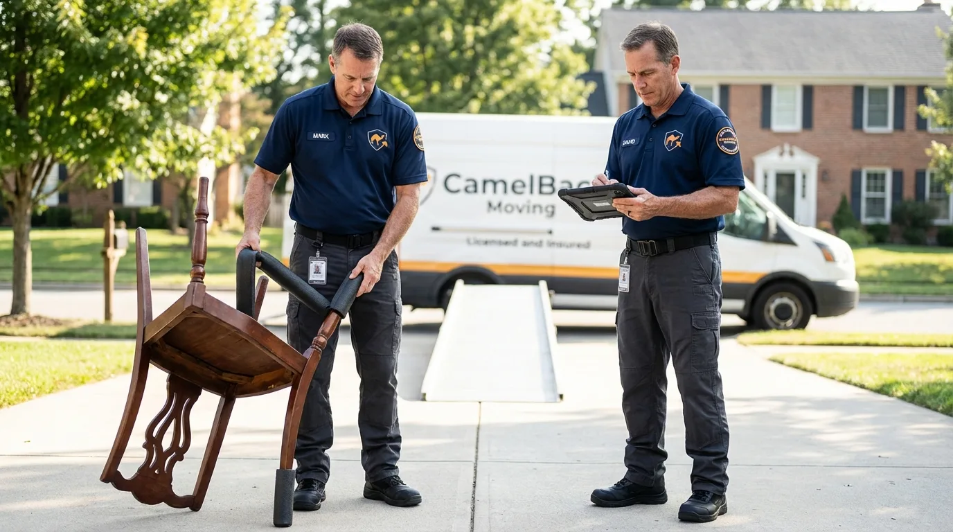 Movers inspecting furniture for damage prevention before loading in College Point, NY