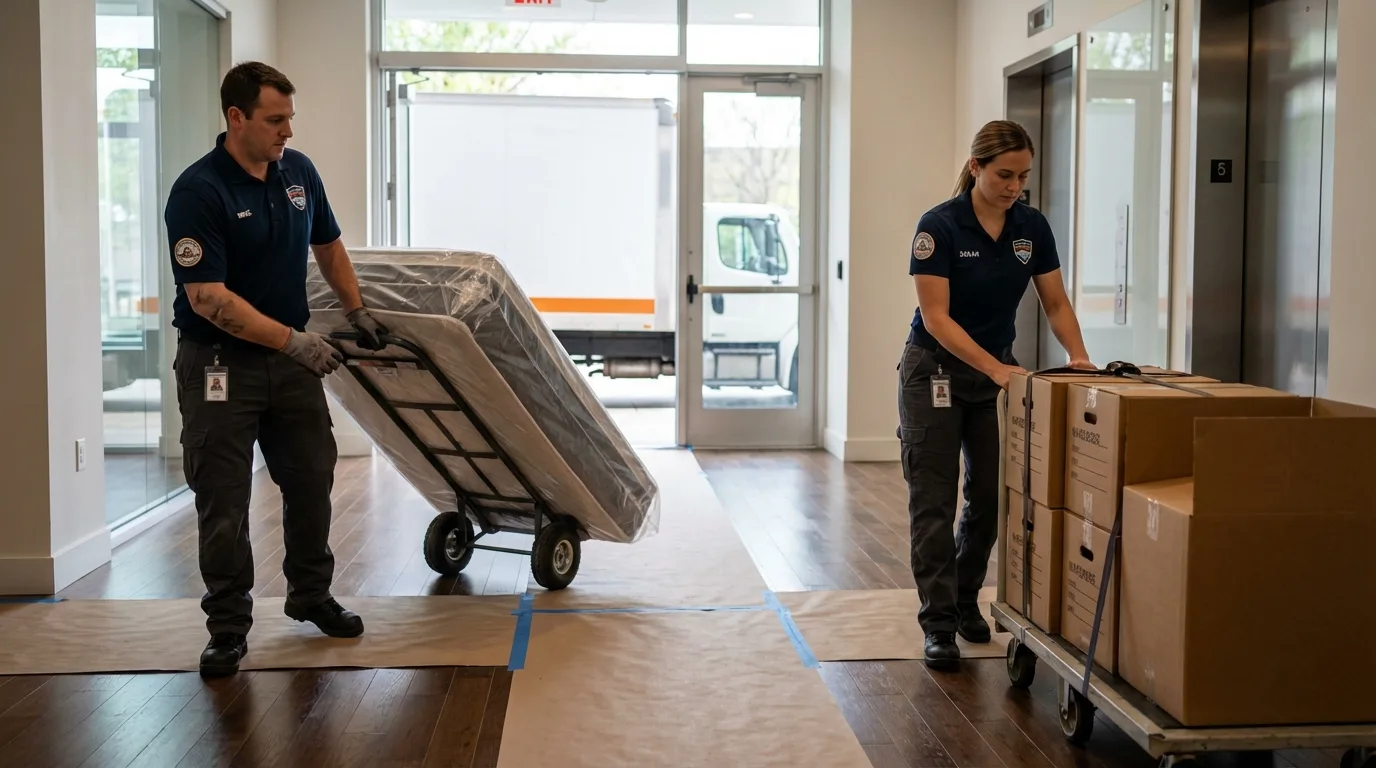 Professional apartment movers loading elevator in College Point, NY