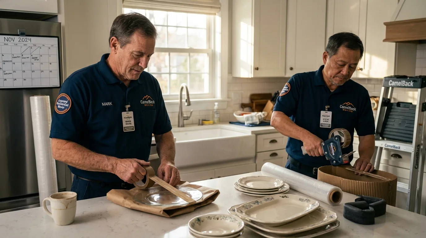 Professional crew packing kitchen dishware in College Point, NY